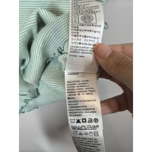 Levi's Dry Goods Light Green Striped V-Neck Tee Medium Ruffled Hem Crop Top - Picture 4 of 7